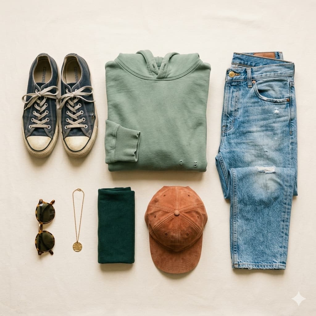 Pre-loved hoodie, sneakers, sunglasses, and cap arranged as a flat-lay